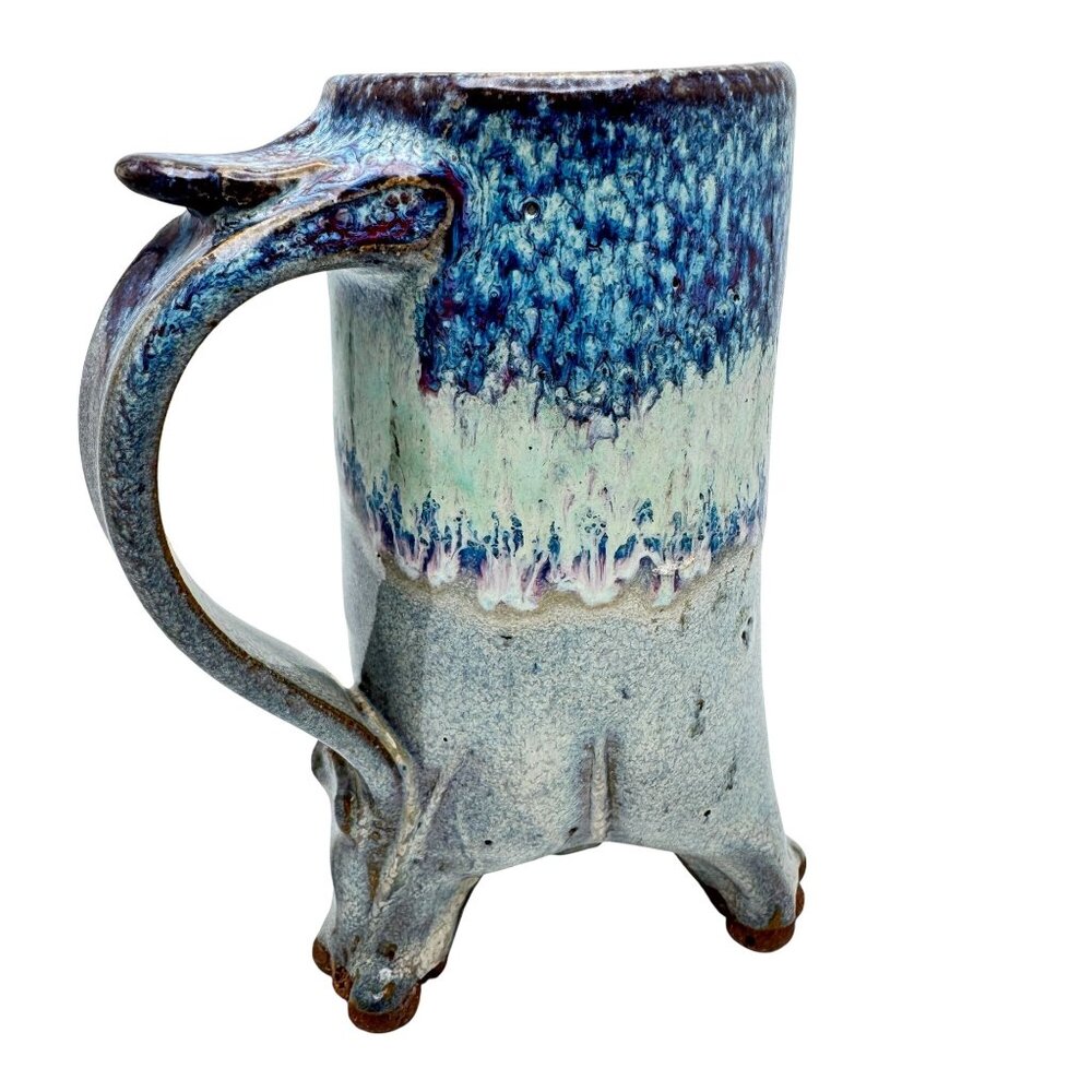 Art Pottery Blue Drip Glaze Coffee Mug Thumb Rest Unique Animal-Like Footed Base